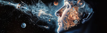 This captivating artwork features a man's profile intricately blended with cosmic imagery.の素材