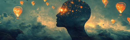 A man's profile emerges filled with a starry sky, surrounded by floating hot air balloons against a backdrop of clouds illuminated by the soft light of dawn.の素材