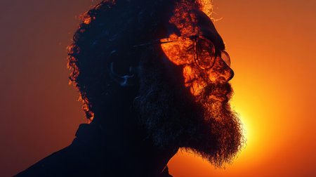 A man with curly hair and glasses stands in profile, his face illuminated with a warm glow from a vivid sunset behind him, creating a captivating surreal effect.の素材