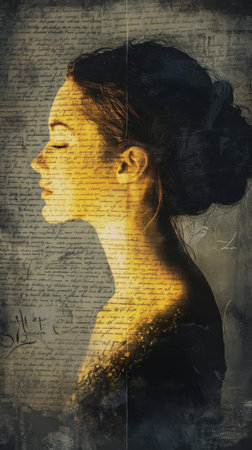 A woman illuminated with soft light stands against a textured backdrop of handwritten script, creating a dreamlike atmosphere that enhances her serene expression and presence.の素材