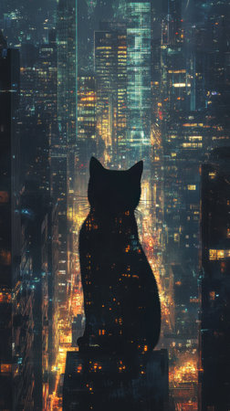 Dark silhouette of a cat overlooks a bustling city illuminated by countless lights at night. The urban landscape showcases towering buildings and a mesmerizing glow.の素材