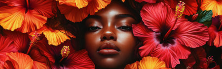 A close-up view of a woman's face framed by bright hibiscus flowers in red and orange hues. The subject displays a serene expression, conveying a sense of tranquility in a tropical environment.の素材