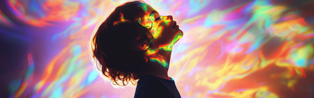 A child stands in a tranquil environment, illuminated by radiant, colorful patterns that dance across their face and body. The atmosphere is ethereal and enchanting.の素材