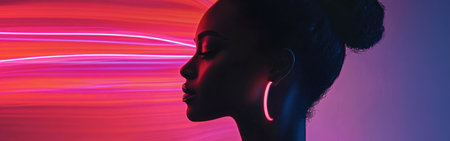 A woman stands still, illuminated with a soft glow, as swirling neon lights create a surreal atmosphere around her. The scene captures the essence of nighttime mystique and artistic expression.の素材