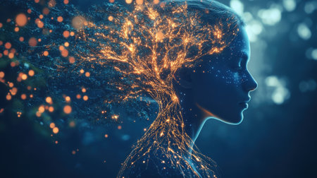 A woman appears in profile, her silhouette radiating soft light as if intertwined with glowing branches. This enchanting representation captures the harmony between humanity and nature at dusk.の素材