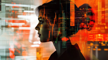 A trading enthusiastically intently analyzes market data, surrounded by vibrant visualizations of stock charts and financial information. The activity takes place in an urban setting at night.の素材