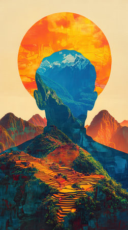 A man's silhouette stands prominently with a vibrant sunset backdrop illuminating the rugged peaks and lush valleys. The colors create a mesmerizing blend of nature's beauty and human form.の素材