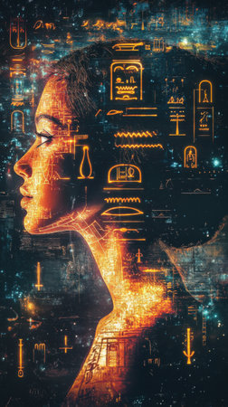 A glowing woman stands in a mystical atmosphere, her profile highlighted by intricate symbols and hieroglyphs. The surreal composition reflects a blend of ancient culture and ethereal beauty.の素材
