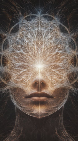 A mesmerizing depiction shows a woman's face with swirling, luminous patterns emanating from her features, creating an ethereal atmosphere.の素材