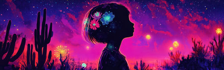 A child stands in a vibrant desert environment, illuminated by colorful light and fireworks. The silhouette captures the awesomeness of a nighttime celebration, surrounded by cacti and stars.の素材