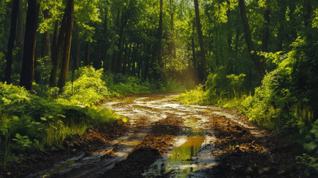 An SUV navigates a muddy trail in a lush forest, sunlight filtering through dense trees, creating a vibrant, adventurous atmosphere during afternoon exploration.の素材