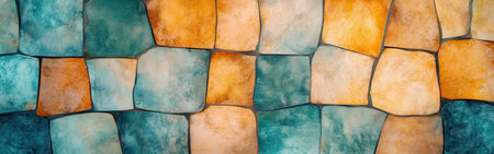 A vibrant display of pastel amber and teal fragmented grids forms an intriguing pattern. This design adds warmth and creativity to any contemporary space, evoking a sense of modern elegance.の素材
