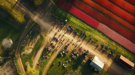 Visitors gather along winding paths surrounded by lush tulip fields during a lively festival. Colorful rows of blooms create a picturesque backdrop for outdoor celebrations.の素材