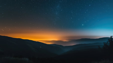 A breathtaking view of a starry night sky illuminating the dark mountain landscape, with a warm glow on the horizon hinting at distant lights below.の素材