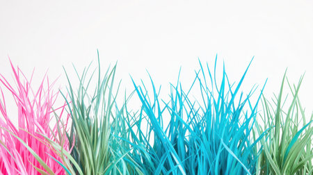 Brightly colored blades of grass in shades of pink and blue thrive against a clean, neutral background. This lively arrangement brings a cheerful touch to the environment.の素材