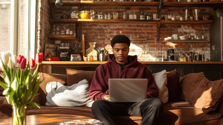 A young man with dark brown skin sits on a comfortable couch focused on his laptop. The well-decorated living space features warm lighting, plants, and a relaxed ambiance.の素材