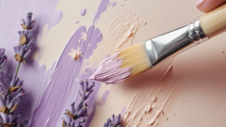 Delicate strokes of lavender paint are applied alongside natural lavender flowers, showcasing an artistic exploration of color and texture in a serene setting.の素材