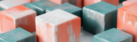 Multiple vibrant cubes showcase an interplay of texture and color, highlighted by abstract pencil strokes. This arrangement invites exploration of form and creativity in a contemporary art style.の素材