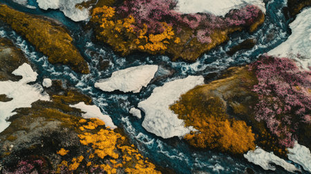 Stunning aerial perspective captures a mountain valley filled with vibrant patches of yellow and purple vegetation alongside flowing streams. Snow remnants add contrast to the lush landscape.の素材