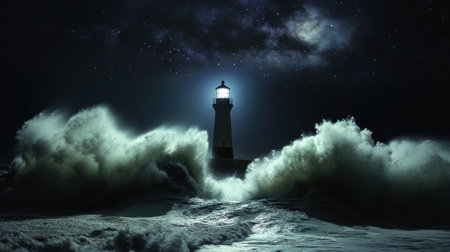 Radiating a bright beam, the lighthouse guides ships through the turbulent waters. Waves crash dramatically around it, while stars twinkle in the dark sky above.の素材