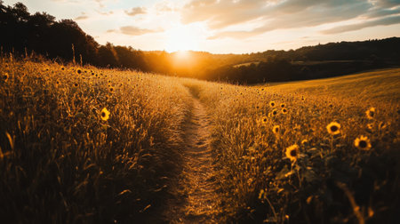 A narrow pathway winds through a vibrant field of sunflowers as the sun sets, casting a warm golden glow over the rural landscape. The peaceful atmosphere invites exploration.の素材