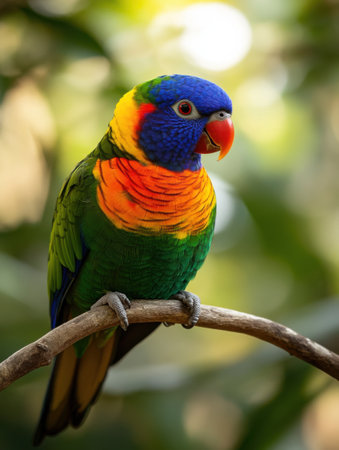 A vibrant parrot sits gracefully on a branch, displaying an array of lively colors. The surrounding greenery enhances its vivid plumage, showing natural beauty.の素材