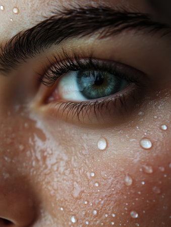 A woman's close-up face reveals vibrant skin adorned with water droplets, capturing the essence of freshness and moisture. Her eye reflects light, adding depth to the serene moment.の素材