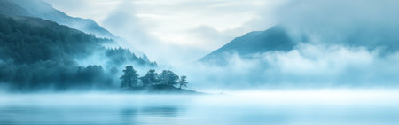 Pale blue and teal mist envelops the calm waters of a lake, creating a serene atmosphere. Mountains in the background add depth, enhancing the beauty of dawn.の素材