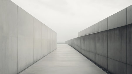 A tranquil pathway leads through tall, gray walls under a muted sky. The minimalist design creates a contemplative atmosphere as visitors navigate the serene space.の素材