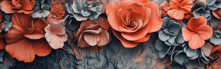 Coral and gray flowers occupy a textured background, showing a blend of elegant petals and shapes that draw the eye. The incomplete design adds depth and intrigue to the arrangement.の素材