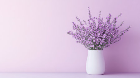 Lavender flowers are arranged in a sleek white vase, standing out against a soft pink background. The scene exudes tranquility and simplicity, ideal for a calming atmosphere.の素材