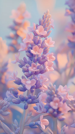 Delicate flowers bloom in a tranquil garden, their soft pastel hues of peach and purple reflecting the gentle morning light. The low-poly design enhances their beauty, creating a dreamy atmosphere.の素材
