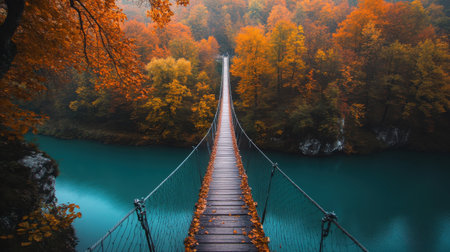 A long, narrow bridge stretches over a serene river, bordered by colorful autumn trees. The tranquil atmosphere invites reflection and exploration, showcasing nature's beauty.の素材
