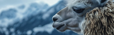 Details of a llama's face are captured in a macro view, highlighting its unique features and soft fur. The stunning mountains form a dramatic background under a cloudy sky.の素材