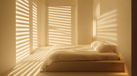 Soft light filters through window blinds, casting diagonal stripes across the minimalist bedroom. The bed is elegantly made, inviting relaxation and tranquility.の素材