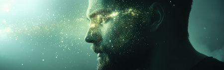 A man's face glows with mystical energy, surrounded by shimmering particles and cosmic elements.の素材