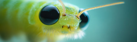 Close-up shows the vibrant features of a moth caterpillar's face, highlighting its large black eyes and delicate antennae. This fascinating creature was captured in a lush garden.の素材