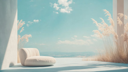 A soft lounge chair rests peacefully on a smooth surface under a muted sky blue backdrop. Tall grass sways gently, adding an organic feel to the tranquil setting.の素材