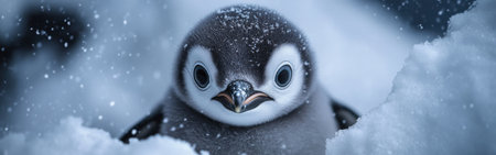 Focus on the adorable face of a penguin chick, characterized by soft gray feathers and wide eyes. Snowflakes gently fall in the cold environment, highlighting its icy surroundings.の素材