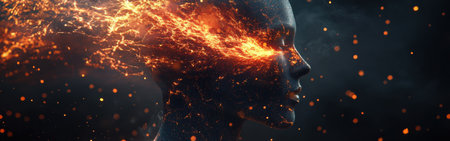 A profile of a man manifests mystical energy as fiery particles burst from his head, creating a dramatic contrast with a dark backdrop. The depiction invokes a sense of wonder and imagination.の素材