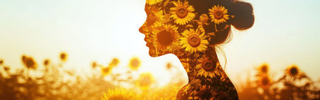 A woman stands serenely in a sunflower field, her silhouette glowing with vibrant sunflowers. The warm sunset casts a golden hue, creating a dreamlike atmosphere of nature and beauty.の素材