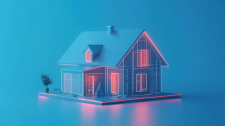 A minimalist house model features sleek lines and a contemporary design. Neon lighting highlights its contours, creating an eye-catching contrast against a soothing blue background.の素材