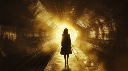 A woman's silhouette is seen standing in a dark tunnel illuminated by a warm, bright light at the end. Ethereal light gives a sense of mystery and intrigue, enhancing the scene's depth.の素材