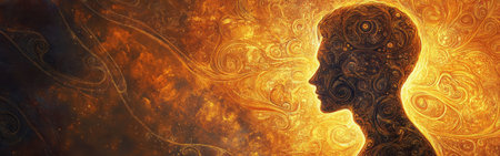 A man's profile is portrayed against a backdrop of swirling colors and intricate patterns, creating a vivid and mystical atmosphere that evokes imagination and introspection.の素材