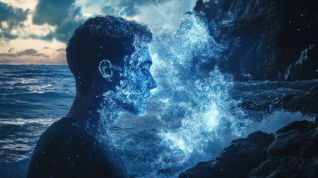 A man's profile is artistically transformed into swirling water, blending into the ocean waves as stormy clouds loom overhead during twilight. The effect creates a sense of connection with nature.の素材