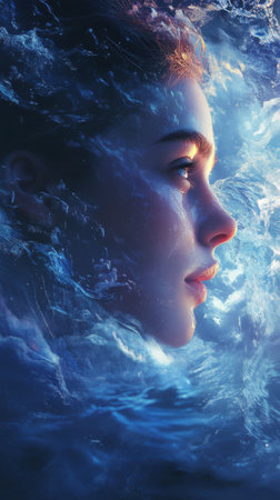 A woman with radiant skin emerges from the water, illuminated by soft blue hues. Her serene expression reflects tranquility, evoking a sense of calm amid gentle waves during twilight.の素材