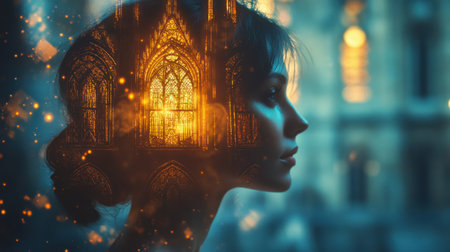 A woman's profile captures a mystical aura, illuminated by ethereal light. Gothic architectural elements blend seamlessly into her silhouette, creating a dreamlike ambiance at twilight.の素材