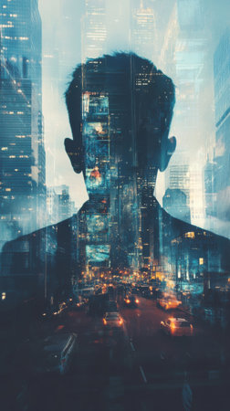 Silhouette of a man stands against a backdrop of a bustling city at dusk. The vibrant lights and reflections create a dreamlike effect, merging humanity with urban life.の素材