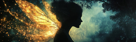 A woman with luminous wings stands gracefully in a serene forest at twilight. Her silhouette contrasts against the enchanting glow of surrounding lights and trees.の素材