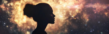 A woman stands in profile, exuding tranquility and grace. The backdrop features a vibrant cosmic scene filled with stars and colorful nebulae, creating a mesmerizing visual experience.の素材